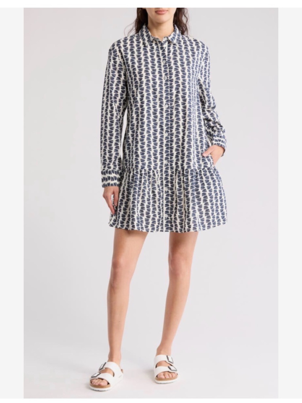 Printed Navy and White Long-Sleeve Shirt Dress Midtown and Market 1X
